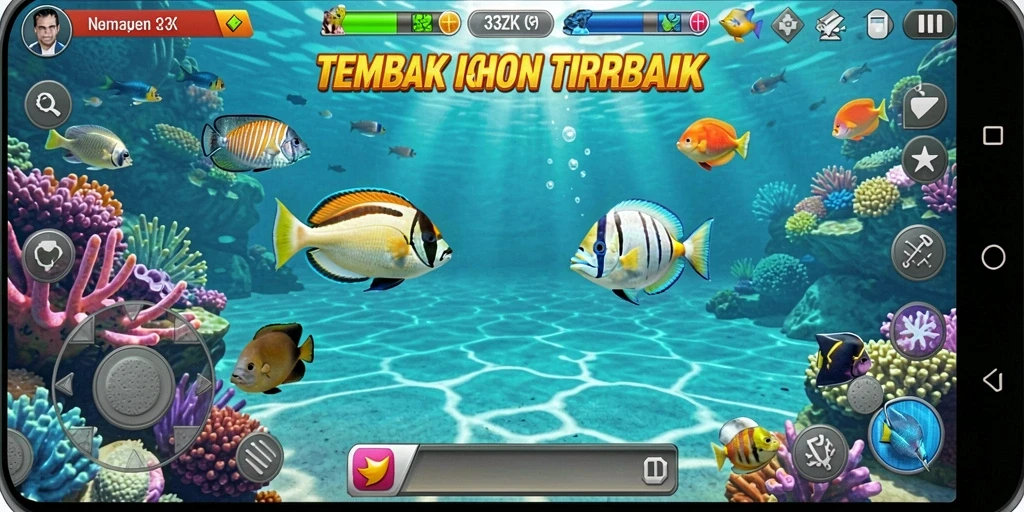 Screenshot gameplay dari 33ZK menampilkan aksi menangkap ikan.