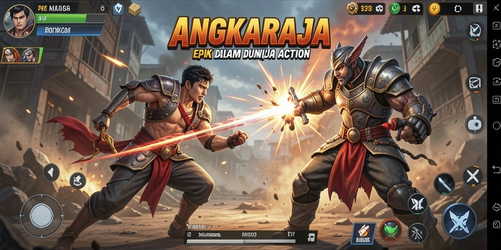 Tangkapan layar utama ANGKARAJA menampilkan aksi pertempuran yang menegangkan.