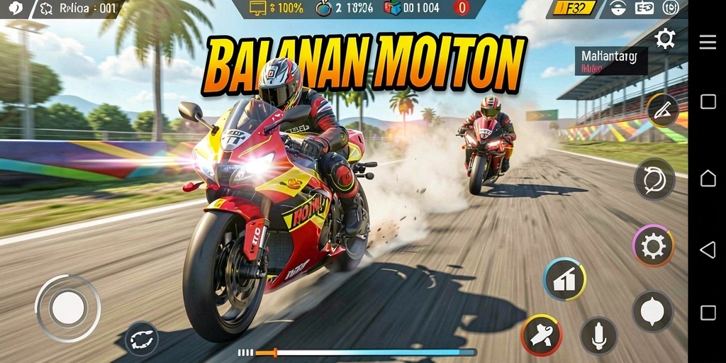 Tampilan gameplay menegangkan dalam F32 dengan motor balap yang cepat.