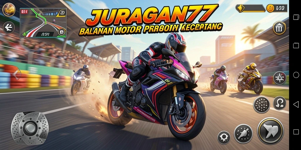 Screenshot JURAGAN77 menampilkan aksi balapan motor yang seru dan menegangkan.