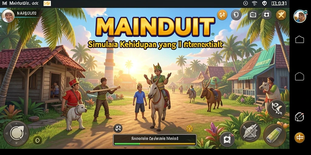 Tampilan gameplay interaktif MAINDUIT dengan suasana kehidupan yang vibrant.