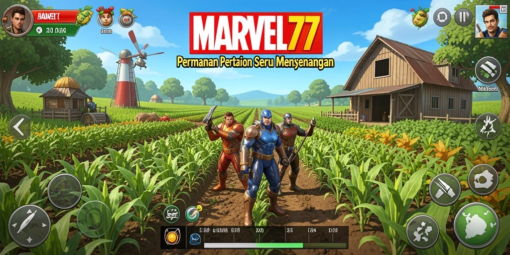 Screenshot utama MARVEL77 menampilkan kebun yang subur dan penuh warna.