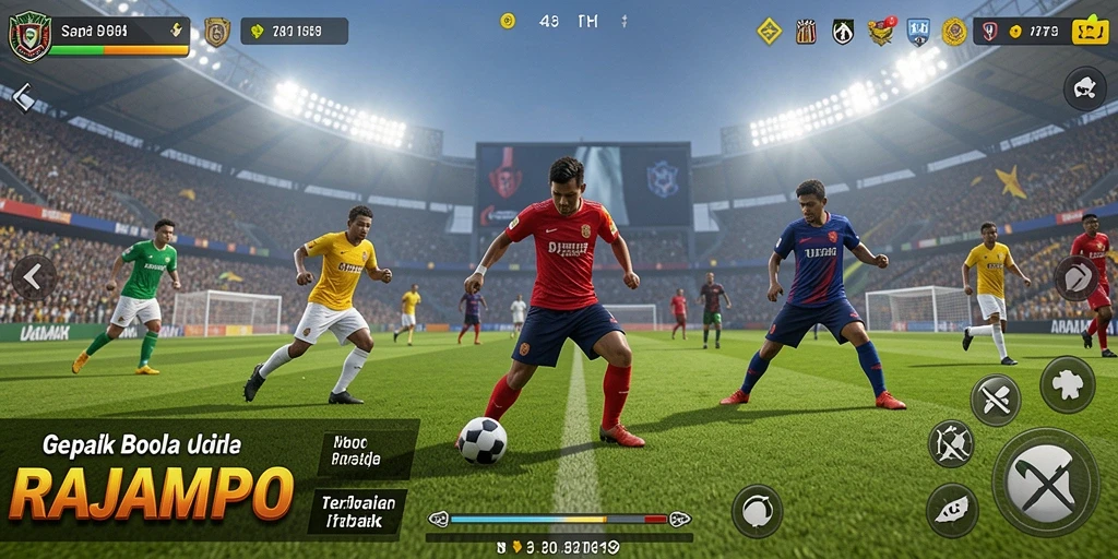 Tampilan gameplay <strong>RAJAMPO</strong> dalam pertandingan sepak bola yang intens.
