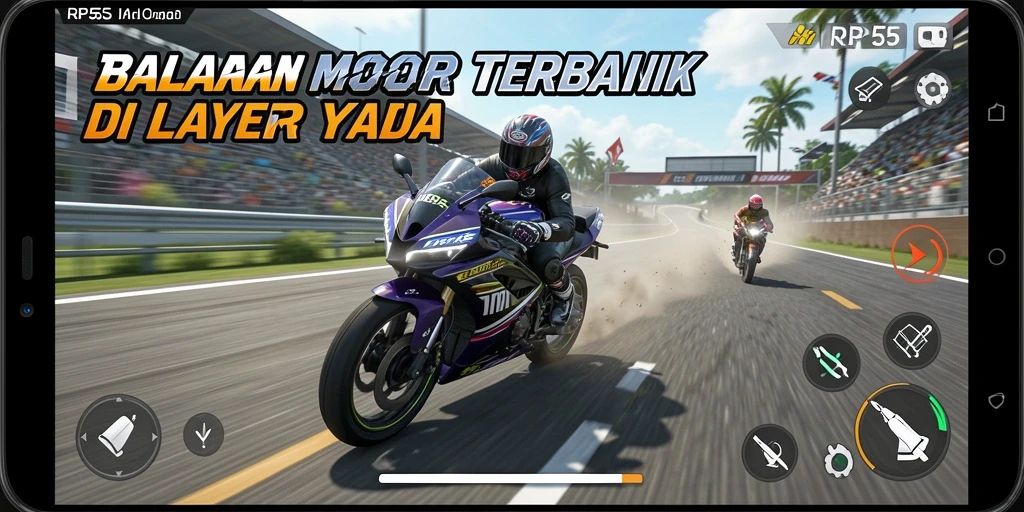 Screenshot utama RP55 menampilkan aksi balapan motor yang mendebarkan.