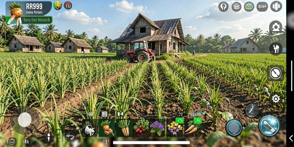 Screenshot gameplay RR999 menampilkan ladang pertanian yang subur dan hewan ternak.