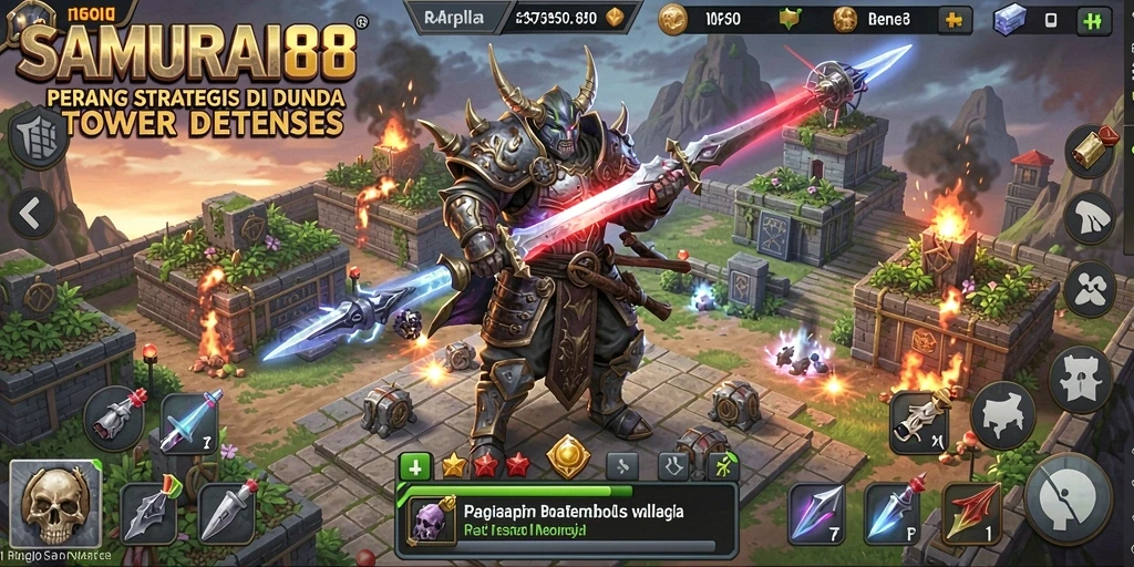 Screenshot SAMURAI88 menunjukkan aksi seru dalam pertahanan tower.