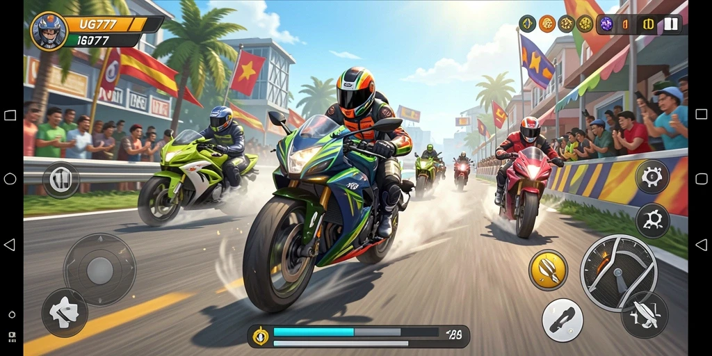 Screenshot utama UG777 menunjukkan balapan motor yang seru dan mendebarkan.