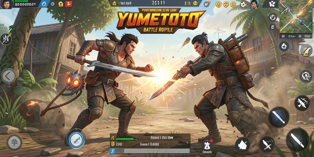 Screenshot utama <strong>YUMETOTO</strong> menampilkan aksi pertarungan seru di arena Battle Royale.